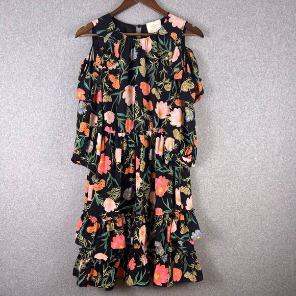 Kate Spade Dress Women 6 Black Floral Blossom Ruffle Cold Shoulder Tiered Garden - Picture 1 of 14